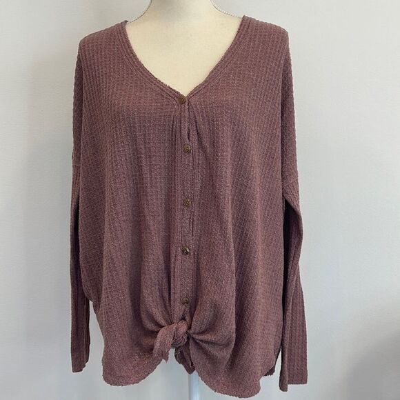 Wishlist Long Sleeve Mauve Colored‎ Waffle Knotted Top - Picture 1 of 6